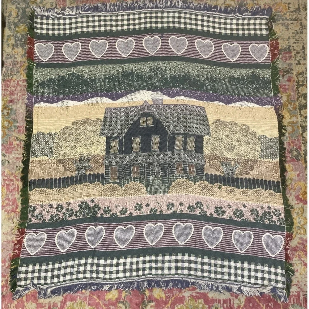 Vintage Cottage Tapestry Throw Blanket Hearts Checkered 52
